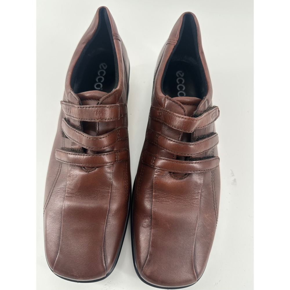 Ecco Brown Leather Triple‎ Strap Comfort Loafers Square Toe Wedge Shoes EU 40